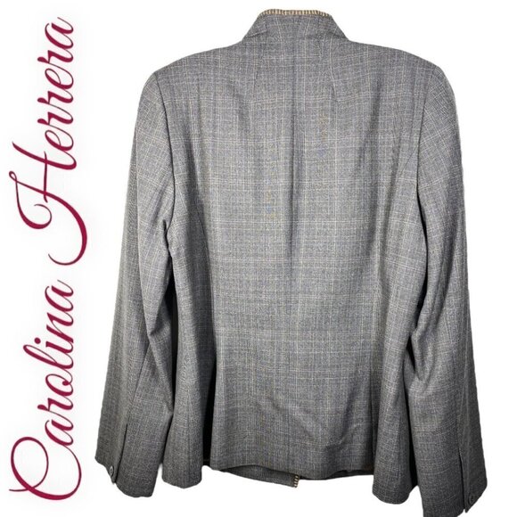 CAROLINA HERRERA Elegant Wool Micro Plaid Collarless Gray Blazer, Size 10 - Picture 4 of 12